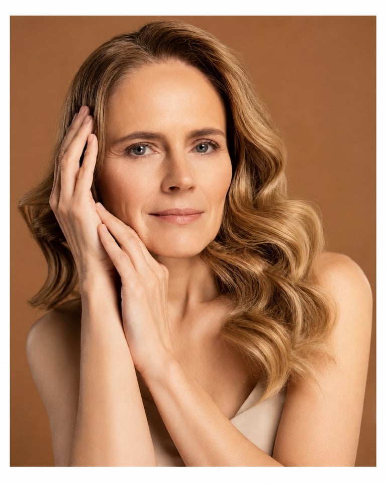Portrait of a woman with wavy brown hair, hands near face, against a warm tan background