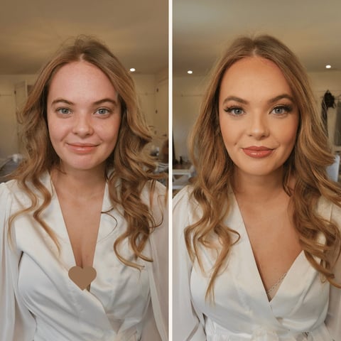 Before and after makeup transformation comparison showing woman with wavy brown hair and white blouse