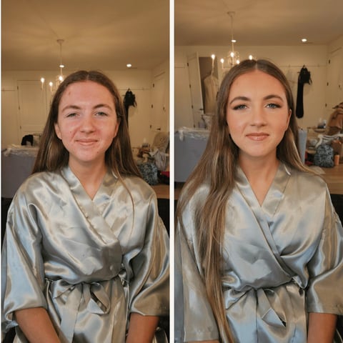 Before and after comparison of a womans makeup and hair styling in an indoor setting