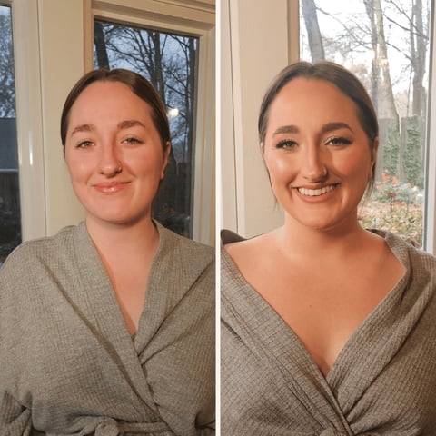 Side-by-side portrait photos of a woman in a taupe wrap top, taken indoors with windows and trees visible in the background